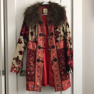 Anthropologie Elevenses Karelia Coat Women Faux Fur Collar Velvet Floral Size 8